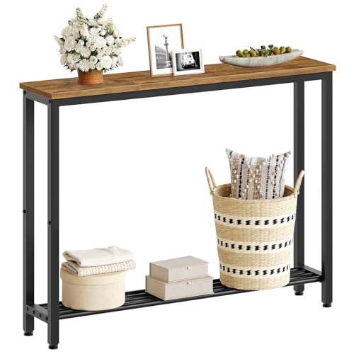 YATINEY Narrow Console Table, 2-Tier Small Sofa Table, 39.4" Thin Entryway Behind Couch Table with Shelves, Industrial Hallway Table, for Living Room, Foyer, Rustic Brown and Black CT25BR - color: Rustic Brown + Black, size: 39.4"D x 29.5"W x 7.9"H