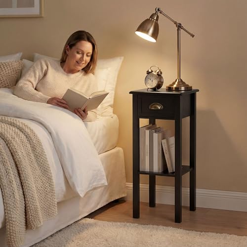 HOMCOM Narrow End Table with Drawer Slim Side Table for Small Spaces Black | Tall Telephone Table, Skinny Modern Design, for Small Spaces, Living Room - color: Black