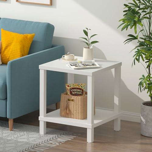 MMEOLUOOK Large End Table Square Side Table Modern Sofa Table 20 Inch Industrial Coffee Table NightStand with 2-Tier Storage Shelf for Living Room Bedroom White MLBZ06W - color: White