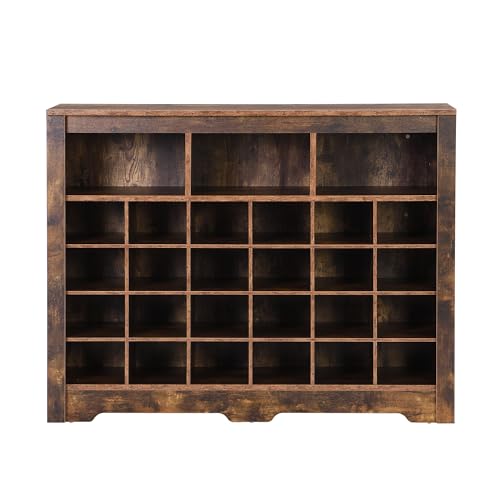 Harper & Bright Designs Sleek Design 24 Shoe Cubby Console, Modern Shoe Cabinet with Curved Base, Versatile Sideboard for Hallway, Bedroom, Living Room, Rustic Brown - color: Rustic Brown, size: 35''