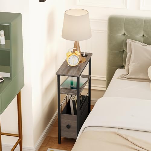 Snughome Narrow Side Table with Charging Station, Slim End Table for Small Spaces, 3 Tier Skinny Nightstand with Drawer, Sofa Beside Table with Storage Shelf for Living Room Bedroom Grey - color: Grey