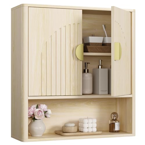 Lulive Bathroom Wall Cabinet with Adjustable Wood Shelf, Fluted Medicine Cabinet with 2 Doors, Over The Toilet Storage Cabinet for Laundry Room, Kitchen, Living Room, Natural