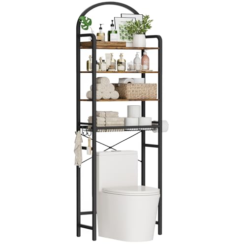 76" H Over the Toilet Storage Rack, 4-Tier Bathroom Organizer with Toilet Paper Holder & Hooks, Metal Frame with Wooden Shelves, Space Saver for Small Bathroom, Rustic Brown and Black - size: 4-tier