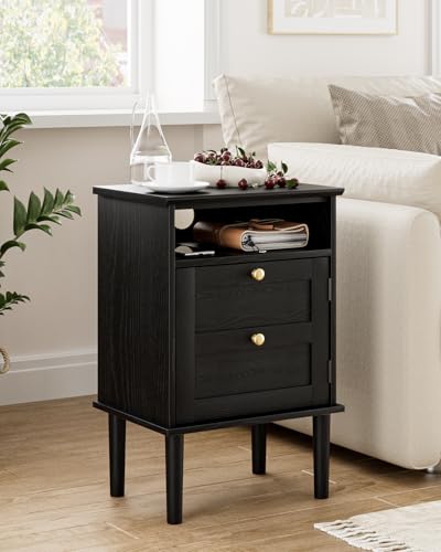 Nightstand, Boho Night Stand with 1 Drawers, Modern Side Accent Table with Open Shelf, Wooden Top Bedside End Table for Bedroom, Living Room, Black - color: Black