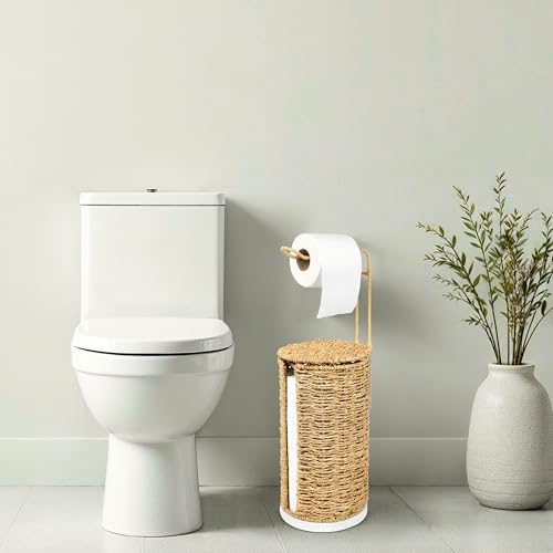 Freestanding Wicker Toilet Paper Holder with Lid, 3 Rolls of Toilet Tissue Storage, Rattan Handmade Woven Toilet Paper Roll Holder Stand, Decorative Boho Bathroom Farmhouse Toilet Paper Holder