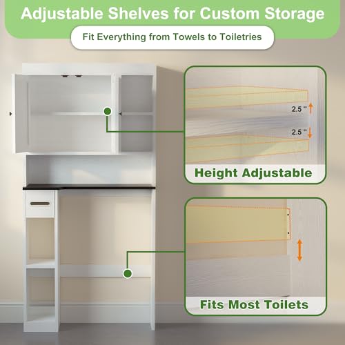 Over The Toilet Storage Cabinet with 7 Shelves, Imitation Walnut Grain Above Toilet Bathroom Organizer with Toilet Paper Holder Stand, Space Saver for Restroom, Laundry, Bathroom (White) - color: White