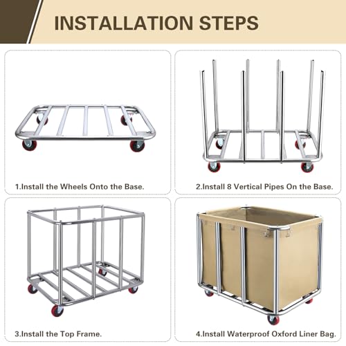 Commercial Laundry Cart with Wheels,400L Large Industrial Laundry Cart,Rolling Laundry Cart with Sturdy Stainless Steel Frame and Oxford Bag for Home Hotel Hospital 440 lbs (Beige) - color: Beige