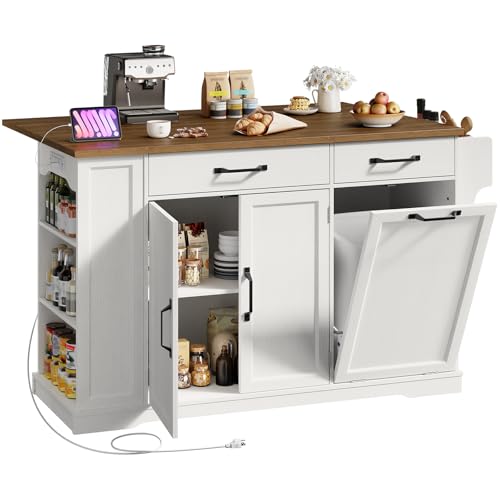 RALGEND Kitchen Island with Power Outlet & Drop Leaf, Rolling Storage Cart with Trash Storage Cabinet, Farmhouse Mobile Island Table for Kitchen, Dining Room, Hidden Casters, White and Walnut - color: White + Walnut