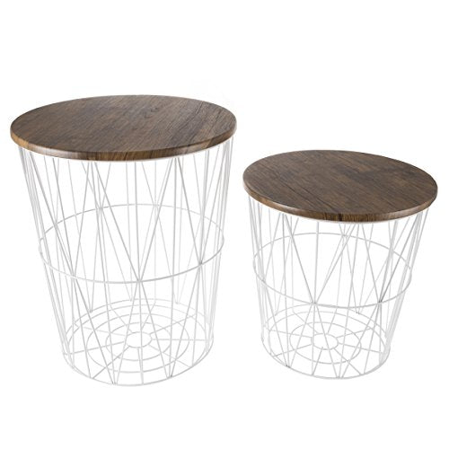 Lavish Home End Tables - Round Nesting Tables Set of 2, Brown/White | 17.5”/15.5” Side Tables with Removable Wood Tops & Metal Basket Bases for Blanket Storage, Living Room, Bedroom & Home Office - color: White Diamond