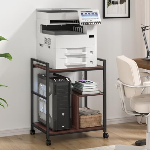 Lerliuo 24" Wide Large Printer Stand with Storage, Walnut | Printer Table for Home Office with Charging Station, 3 Tier Industrial Mobile Printer Cart with Lockable Wheels - color: Walnut