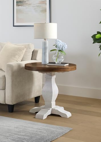 Napa Solid Wood Farmhouse Rustic Reclaimed Natural and White Stain Round End Side Accent Living Room Table, Nightstand Bedside 26" W x 26" D x 25" H | Farmhouse Rustic, Pine Wood, Round Side Table, Nightstand, 2" Plank Top, for Living Room or Bedside, 26"