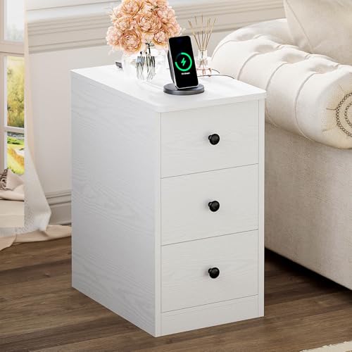 LIKIMIO Nightstand with Charging Station, 3 Drawers Modern for Bedroom - color: White