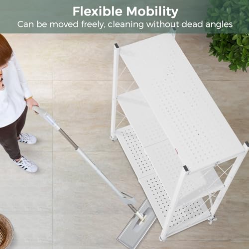 DEANIC 3 Tier Foldable Storage Shelves with Wheels, Large Capacity Shelving Unit, Freestanding Metal Wire Shelf Rack, No Assembly Organizer Rack for Garage Kitchen, Basement, Pantry(White Pack of 2) - color: White