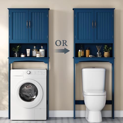 Yaheetech Over The Toilet Storage with 2 Doors & Adjustable Shelf, Free Standing Toilet Rack Wooden Space-Saving Collect Cabinet, Bathroom Furniture, L24.5xW9xH66 in, Navy Blue - color: Navy Blue