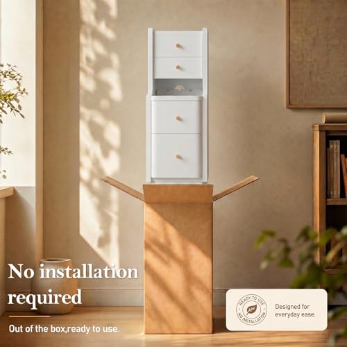 Narrow Nightstand with 4 Drawers, 7.9" Solid Wood Narrow Bedside Table White with Open Shelf & Cable Hole, Modern Night Stand Slim Bedside Table for Bedroom(Fully Assembly) - color: White