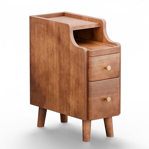 Nightstand, Pre-Assembled, 19.7“H Solid Wood Night Stand with 2 Drawers, Open Sliding Shelf, Mid Century Modern Small Bedside Table for Bedroom, Walnut 8" - color: Walnut, size: 8"