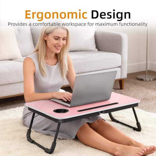 BUYIFY 23.4" Foldable Lap Desk Bed Table with Cup Holder Portable Tray | Folds Flat for Easy Storage, No Assembly Laptop Bed Desk, Sturdy and Lightweight, Patent Design, RosePink - color: Rose Pink