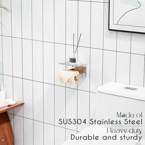 KOKOSIRI Roll Paper Holder Spring Loaded Bathroom Toilet Paper Holder Tissue Roll Holder with Shelf Wall Mounted Stainless Steel Polished Chrome B2012CH - color: Polished Chrome, size: With Shelf