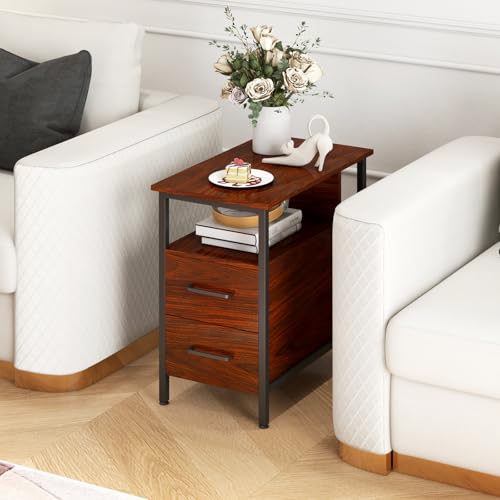 Livofloral Narrow Side Tables with Charging Station, Narrow End Table with Wooden Drawers, USB Ports and Power Outlets, Nightstand and Bedside Table for Bedroom, End Tables Living Room, Espresso - color: Espresso