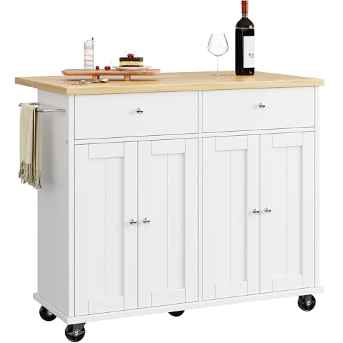 SUNLEI Kitchen Island with Storage, Kitchen Island on Wheels with Drop Leaf, Rolling Kitchen Island Cart with Cabinet and Drawers, Mobile Kitchen Storage Cart for Dining Room, White - style: White