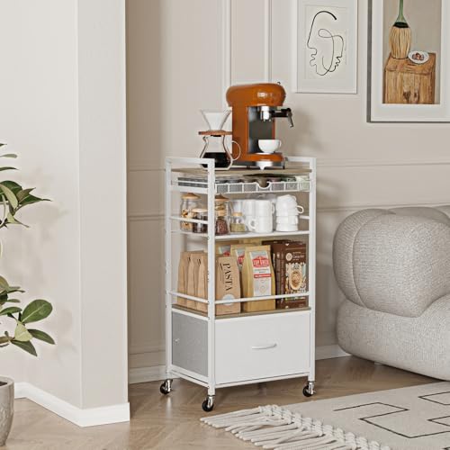 Coffee Bar Cabinet with Storage,5 Tier Coffee Station Table on Wheels, 33.6" H Cart with Drawer for Home Kitchen, Liquor Buffet Sideboard Cabinet (Modern White) - color: White