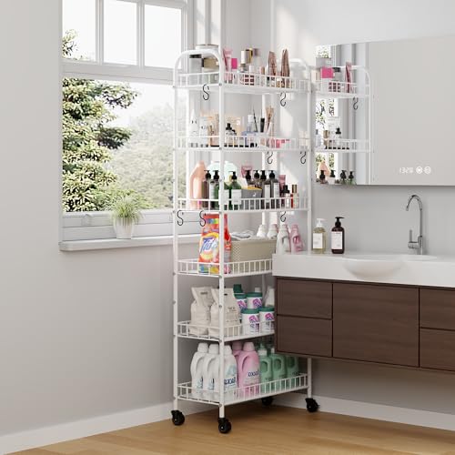 6 Tier Slim Rolling Storage Cart with Wheels, Metal Mobile Shelving Unit Organizer Utility Cart for Office Bathroom Kitchen Laundry Room Narrow Places (White 10 Inches) - size: White 10 Inches