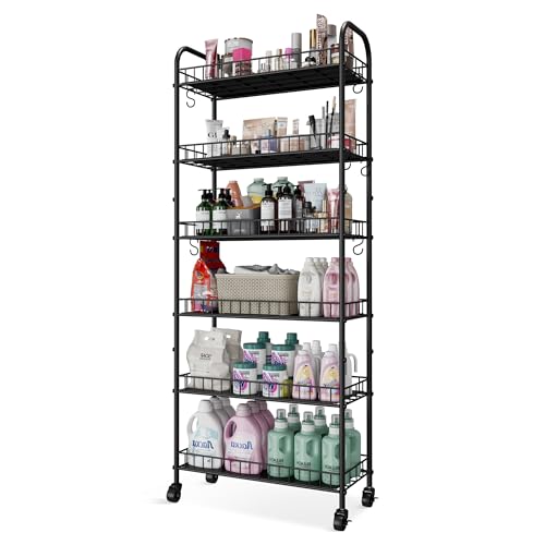 6 Tier Slim Storage Cart with Wheels, Metal Mobile Shelving Unit Organizer Utility Cart for Office Bathroom Kitchen Laundry Room Narrow Places (10inches) - size: 10inches