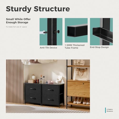 Black Nightstand with Two Drawer Side Tables Living Room 2 Drawer Dresser Bedroom End Bedside Table Cabinet with Storage Night Stand, Wooden Top Metal Frame Handle, 20'' Tall