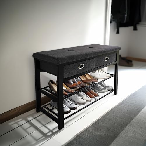 Finnhomy Entryway Shoe Rack with Cushioned Seat, Shoe Bench for Entry, 3-Tier Shoe Storage Organizer with 2 Drawers, Gray - style: Art Deco