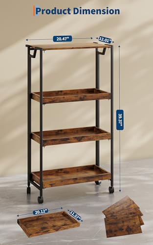 Jojoka No Assembly Folding Kitchen Cart with Wood Top, 4 Tier Collapsible Rolling Utility Cart on Wheels, Industrial Mobile Kitchen Island Storage Cart for Small Spaces, RV and Pantry, Rustic Brown