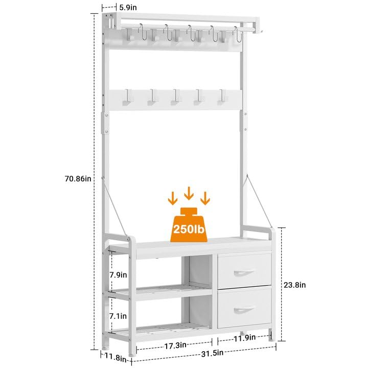 Lulive Hall Tree with Bench and Shoe Storage, 31.5” Coat Rack Freestanding | White, 5 in 1 Intelligent Design, 17 Hooks, 2 Drawers, Handy Clothes Rail - color: White, size: 11.8"D x 31.5"W x 70.9"H