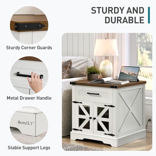RALGEND White Farmhouse End Table with Charging Station, 24" Large Sofa Side Table with Drawer, Large End Table for Living Room, Wooden Nightstand with Outlet, Square, White and Walnut - color: White and Walnut