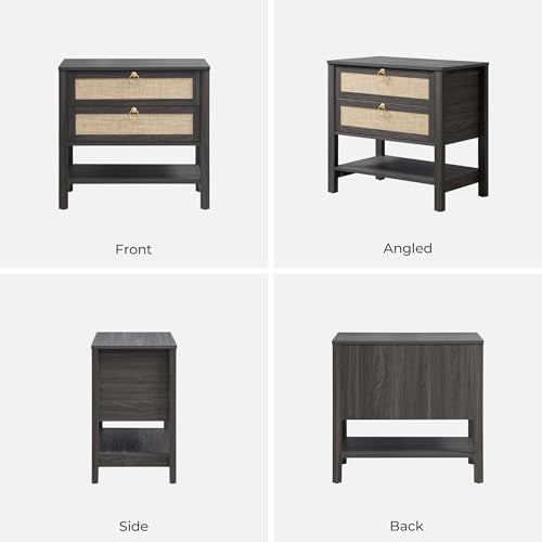 SICOTAS 26.7" Wide Rattan Nightstand with 2 Drawers & Open Shelf End Table | Large Night Stand with Storage Shelf, Coastal Boho Bedside Table for King Bed, Bedroom, Guest Room, Apartment, and End Table - color: Obsidian