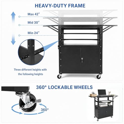 Mobile AV Cart with Lockable Cabinet, Adjustable Height Laptop Stand with Extension Rack, Drop Leaf Workstation, Extra Storage Space, Power Strip Included, Rolling Utility Cart