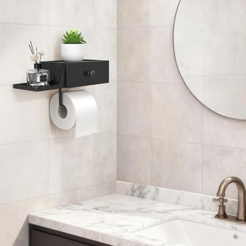 Lifewit Plastic Toilet Paper Holder with Shelf and Drawer, Screw or Adhesive Wall Mount Tissue Roll Storage, Sturdy Bathroom Wipes Dispenser Organizer, Black, 1 Pack - color: Black