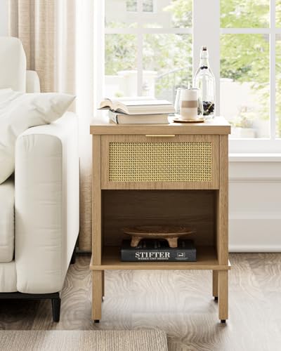 Rattan Nightstand with Drawer and Open Shelf, Boho Side Table with Gold Handle, Small Night Stand, Modern Bedside Table for Bedroom, Natural - color: Natural