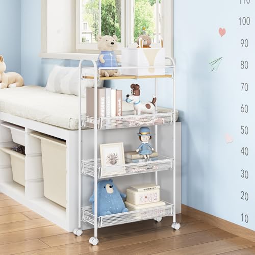 TOOLF 4-Tier Slim Rolling Cart, Metal Utility Cart, Slide Out Storage Cart with Wooden Tabletop and Mesh Baskets for Narrow Space on Kitchen Bathroom Laundry Room Bedroom Apartments Dormitory - size: Slim, style: White