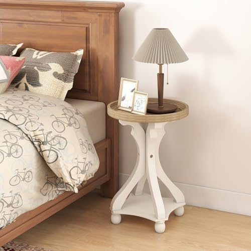 Accent Wood Farmhouse End Table, Round Side Tables, Nightstand Natural Tray Top and Distressed Carved Legs for Bedroom Living Room, White - size: 1-pc, style: Round