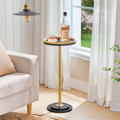 HOOBRO Small Round Side Table, Drink Table, Coffee Martini Table with Pedestal Accent for Small Spaces in Living Room, Bedroom, Sofa Couch, Black and Gold DB168BZ01 - color: Black + Gold