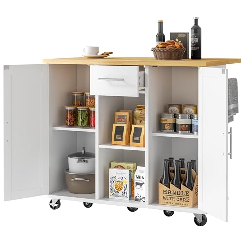 JY QAQA 42" Rolling Kitchen Island Cart with Storage, Drop Leaf Countertop, Drawers & Towel Rack, Mobile Kitchen Table on Wheels for Kitchen Dining Room, White - color: White