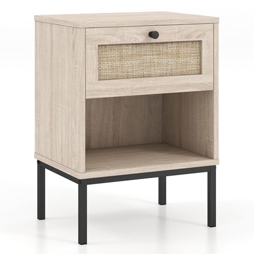 Giantex Rattan Nightstand with Drawer, Boho Side Table with 4 Metal Legs and Open Storage Shelf, Farmhouse Wood Night Stand for Small Spaces, 2 Tier Bedside Table for Bedroom Office, Oak - color: Oak