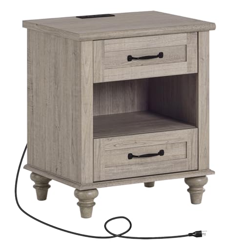WAMPAT Side Table Nightstand with Charging Station, Farmhouse End Table with Drawer & Shelf for Living Room, Retro Night Stand Light Wood Bedside Table for Bedroom, Grey - color: Grey