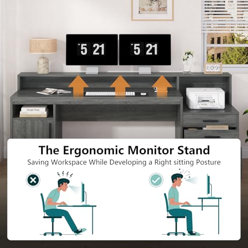 YOMILUVE Executive Computer Desk with 3 Drawers & Storage Shelves, 65 Inch Home Office Desk with File Drawer & Cabinet, Writing Study Desks with Monitor Stand & Printer Shelf, Dark Grey - color: Dark Gray