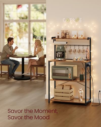 VASAGLE BARNET Collection - Kitchen Bakers Rack with Power Outlet, 31.5-Inch Wide Coffee Bar 4-Tier with 8 S Hooks, Modern Microwave Stand, Adjustable Shelf, Rustic Brown and Ink Black UKKS029KD01 - color: Rustic Brown + Ink Black, size: 31.5"W