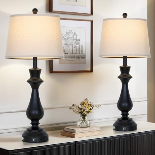 Touch Lamps for Night Stands Set of 2-29.5" Tall Bedside Lamp with USB C+A, 3 Way Dimmable Bedroom Lamps, Black Metal Table Lamps for Living Room - color: Black