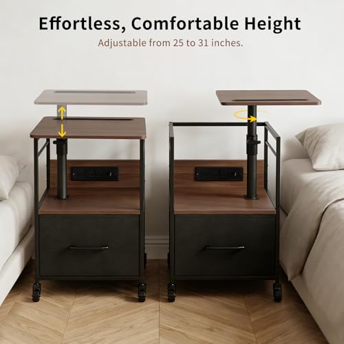 Small Bedside Table with Charging Station, Rolling Side Table with Wheels, Small Nightstand with Drawer Storage for Bedroom - Walnut Look - color: Walnut