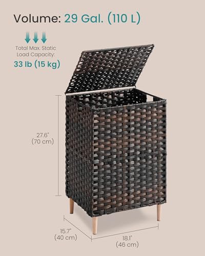 SONGMICS 2-Section Laundry Hamper with Lid, 29 Gal (110L) PE Rattan Laundry Basket with Removable Washable Liners, for Bedroom & Living Room, Chestnut Brown ULCB222ME01 - color: Chestnut Brown, size: 110 L (2 Basket)
