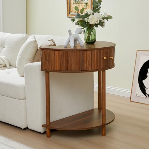 XUZENEST Fluted Half Moon Console Table, Modern Small Entry Sofa Table with Storage, Solid Wood Legs Narrow Entryway Table for Living Room, Hallway, Foyer(Walnut) - color: 31.5 Walnut