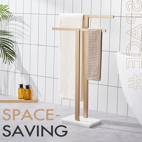 KOKOSIRI Bathroom Towel Rack 2-Tier Free Standing Towel Bars with Marble Base, Stainless Steel Stand Towels Holder, Thicken Steady Design, Champagne Bronze THS0003-CPG - color: Champagne Bronze