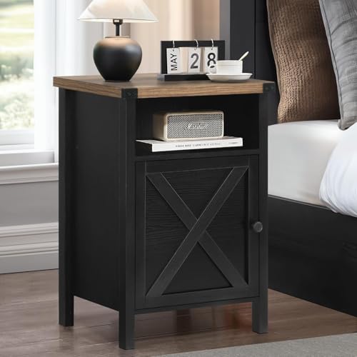 Black Farmhouse Nightstand, Side Table, End Table with Barn Door and Shelf, Rustic Modern Bed Night Stand for Bedroom, Living Room - color: Black